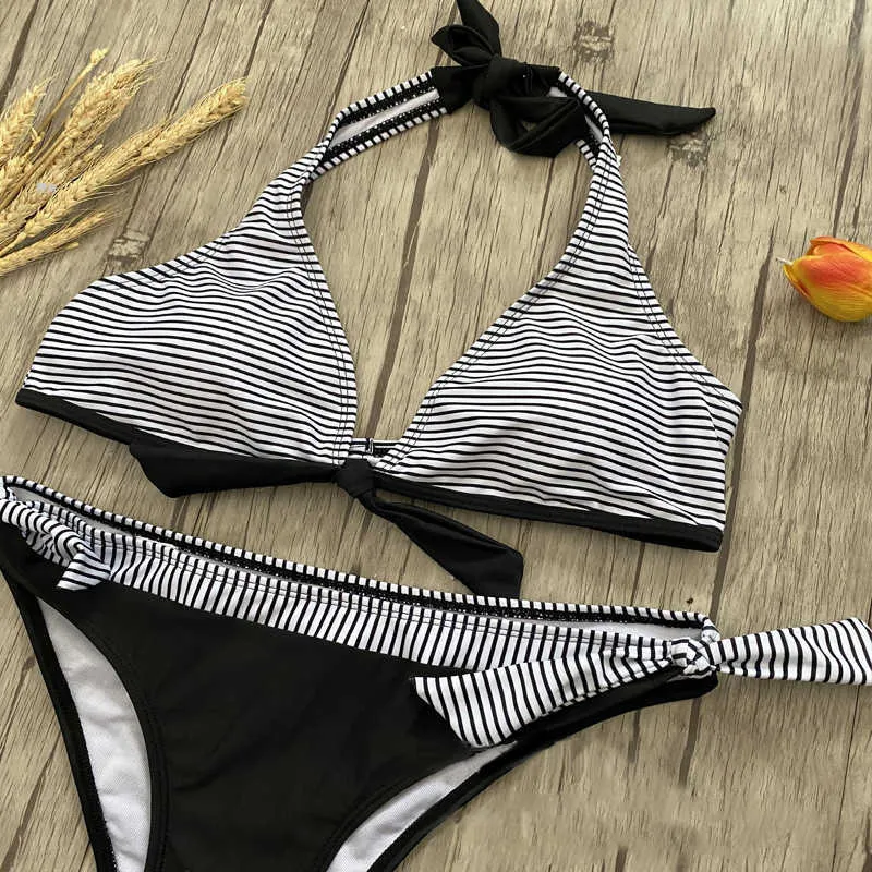 Micro rayé Bikini Set Maillot de bain deux pièces Patchwork Bandage Push Up Maillot de bain sexy Femmes Maillots de bain Biquini S 210630