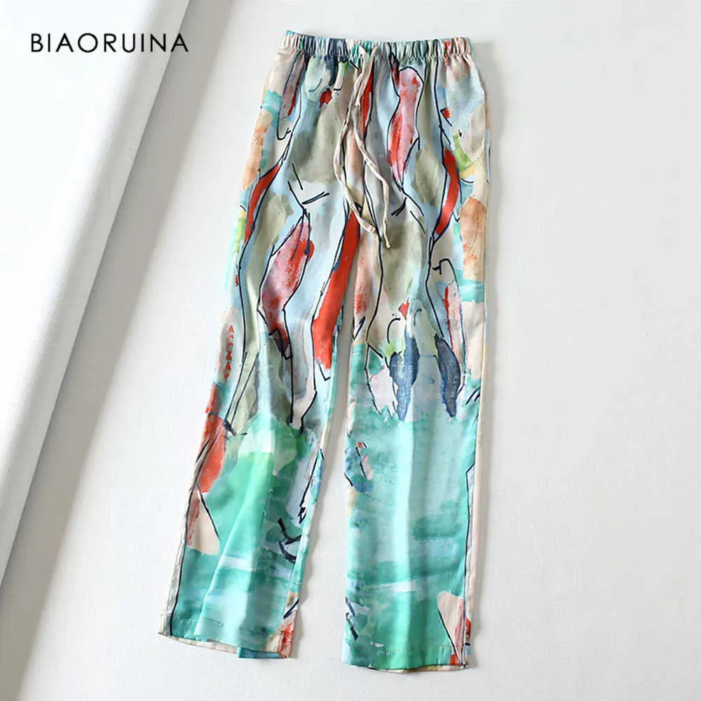 BIAORUINA Amerikanischen Stil Frauen Tinte Gedruckt Gerade Hosen Weibliche Sommer Mode Hohe Taille Breite Bein Lose Hosen Hosen Q0802