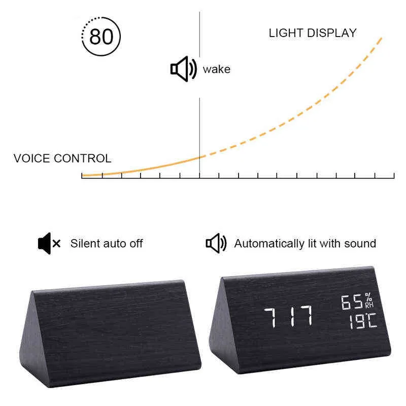 Sveglia digitale a LED in legno di bambù Controllo vocale Sveglia con luce Orologio digitale USB / AAA alimentato Orologio da tavolo Scrivania Decorazioni la casa 211112