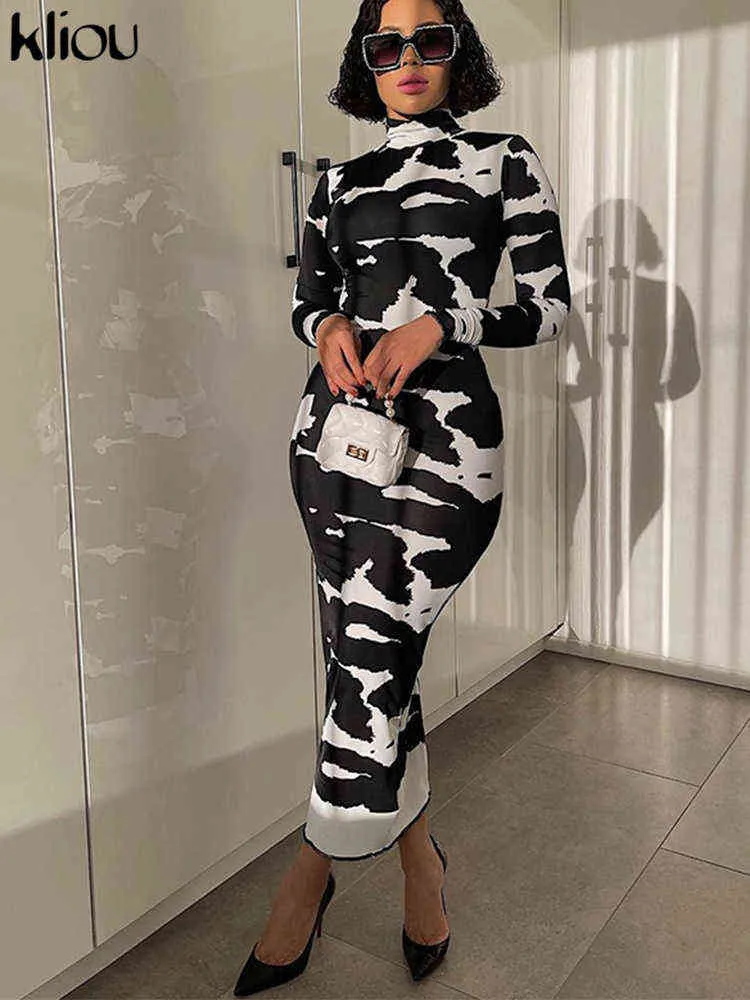 Kliou Cows Print Maxi Jurk voor Dames Herfst Aesthetic Classy Tie Dye Party Style Robe Schede Slanke Turtleneck Vrouwelijke Vestido Y1204
