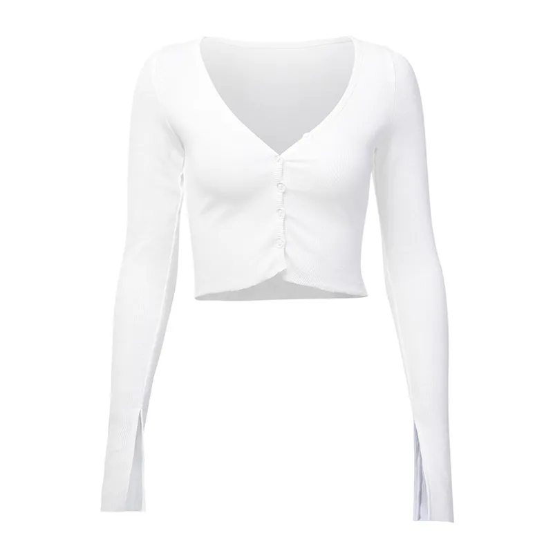 Kobiety Długie Rękaw Crop Topy Sexy Głębokie V Neck Podstawowe Solidna Czarna Biała Lady Casual Tshirt Sexy Off Ramię T Koszulki Lato Jesień Y0508