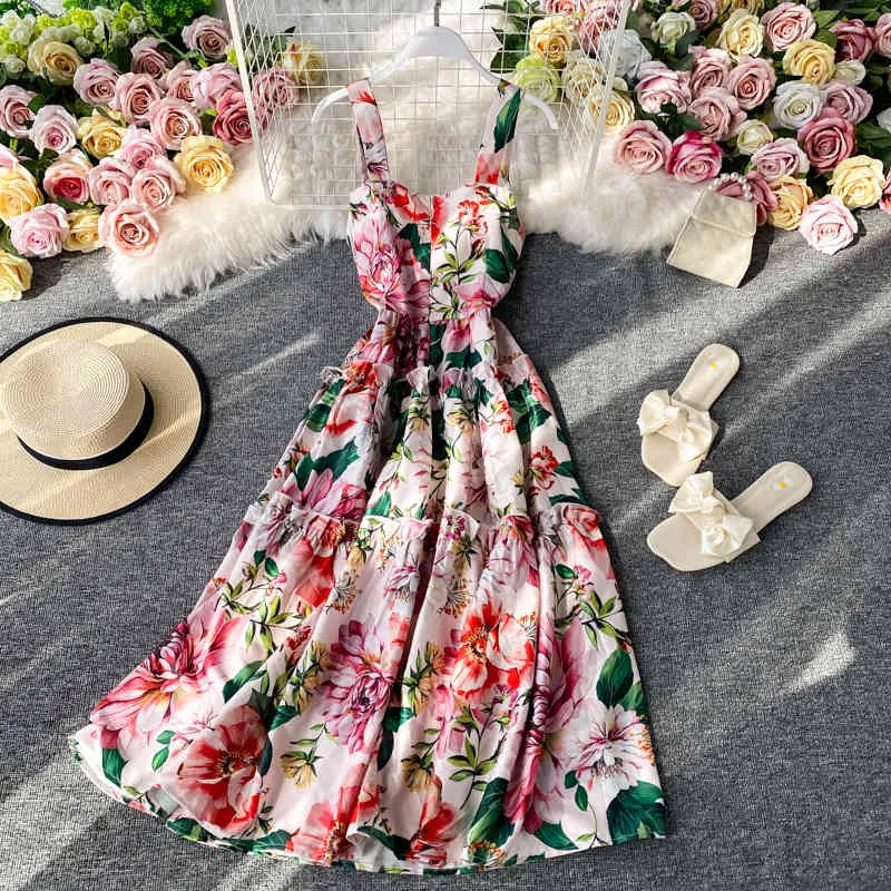 レトロな女性の花のドレス夏のラインフリルのドレスレディーススパゲッティストラップフレンチロングローブイブニングラグジュアリー210525