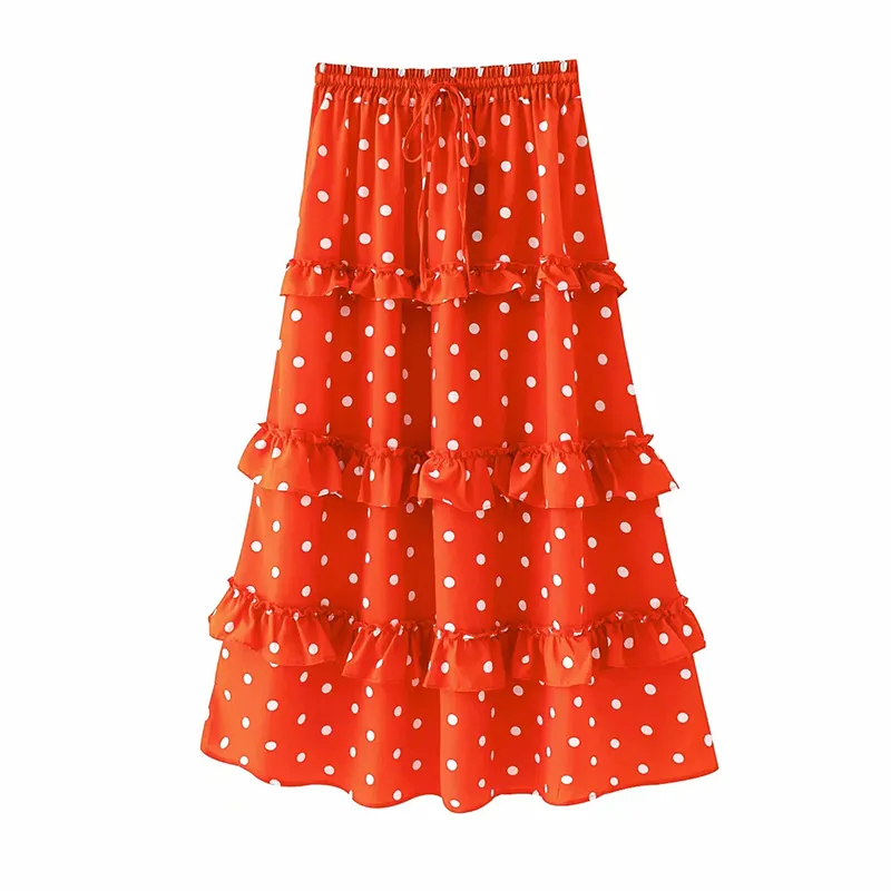 Elegant women ruffles long skirts summer fashion ladies bohemian red dots skirt female boho girls chic clothes 210427