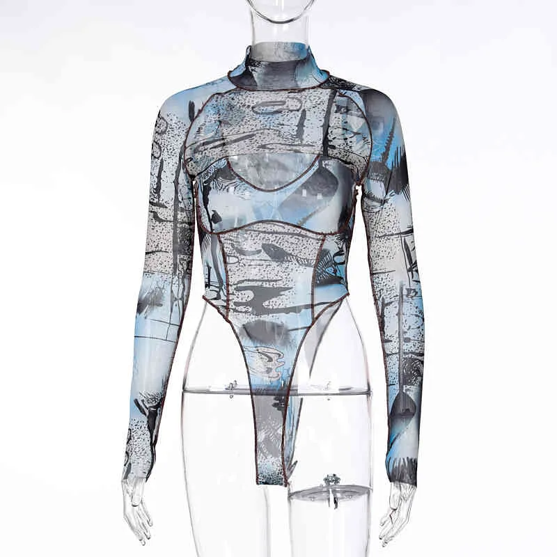 Women Sets Sexy Mesh See Through Bodysuits Printed Casual Bodycon Rompers + Long Sleeve Turtleneck Tops Summer 210517
