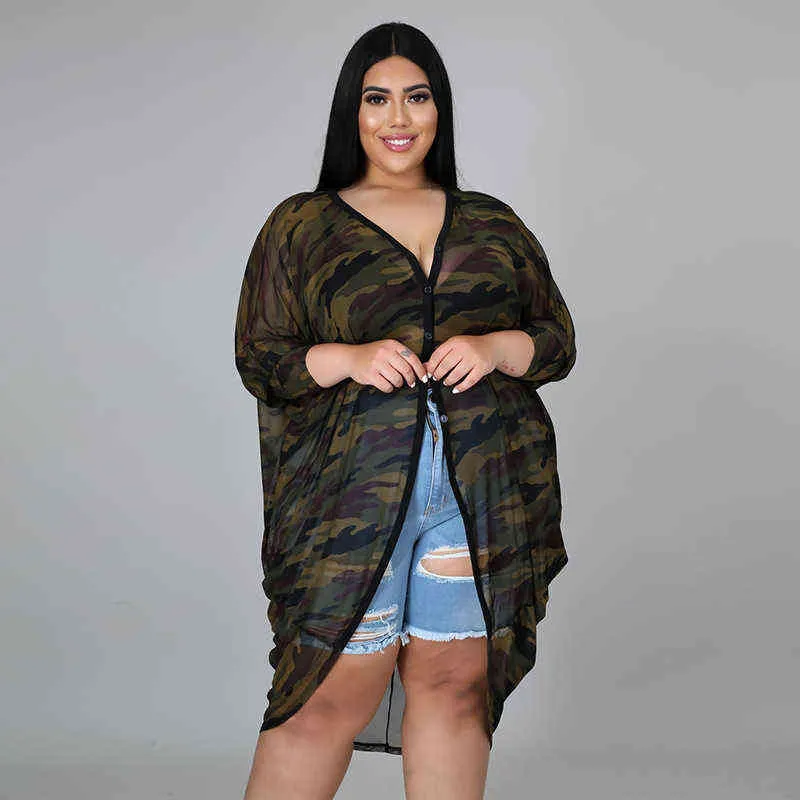 Plus size tops en blouses tuniek losse vrouwen lange mouw camouflage bedrukt mesh doorzicht door sexy vintage top 4XL 5XL val 211116