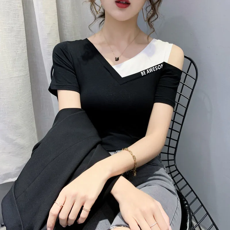 Barco das mulheres pescoço manga curta t-shirt sexy fino moda skew collar meio pequeno camisa pequena coreana fêmea tops pl006 210506