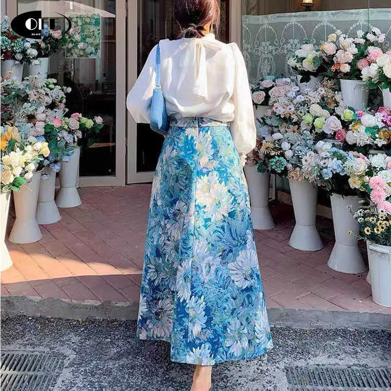 Vintage Çiçek Jakarlı Etekler Kadın İlkbahar Yaz A-Line Streetwear Yüksek Bel Retro Parti Doğum Günü Bayanlar Midi Etek Femme 210708