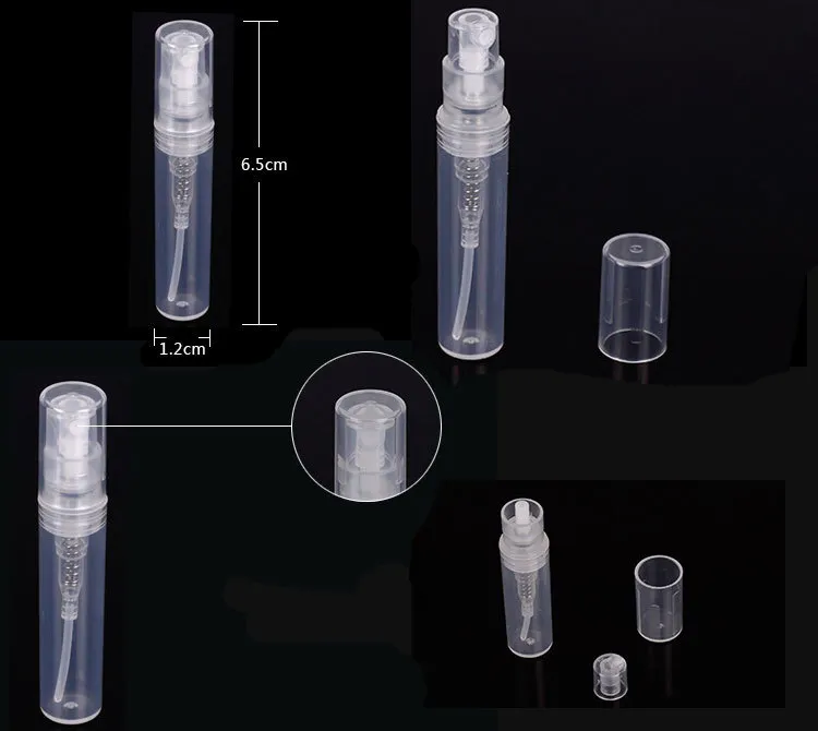 x 5ml / 3ml / 2ml mini klar plastsprayflaska Tom söt parfymfördelare för rengöring, resor, eteriska oljor, parfym