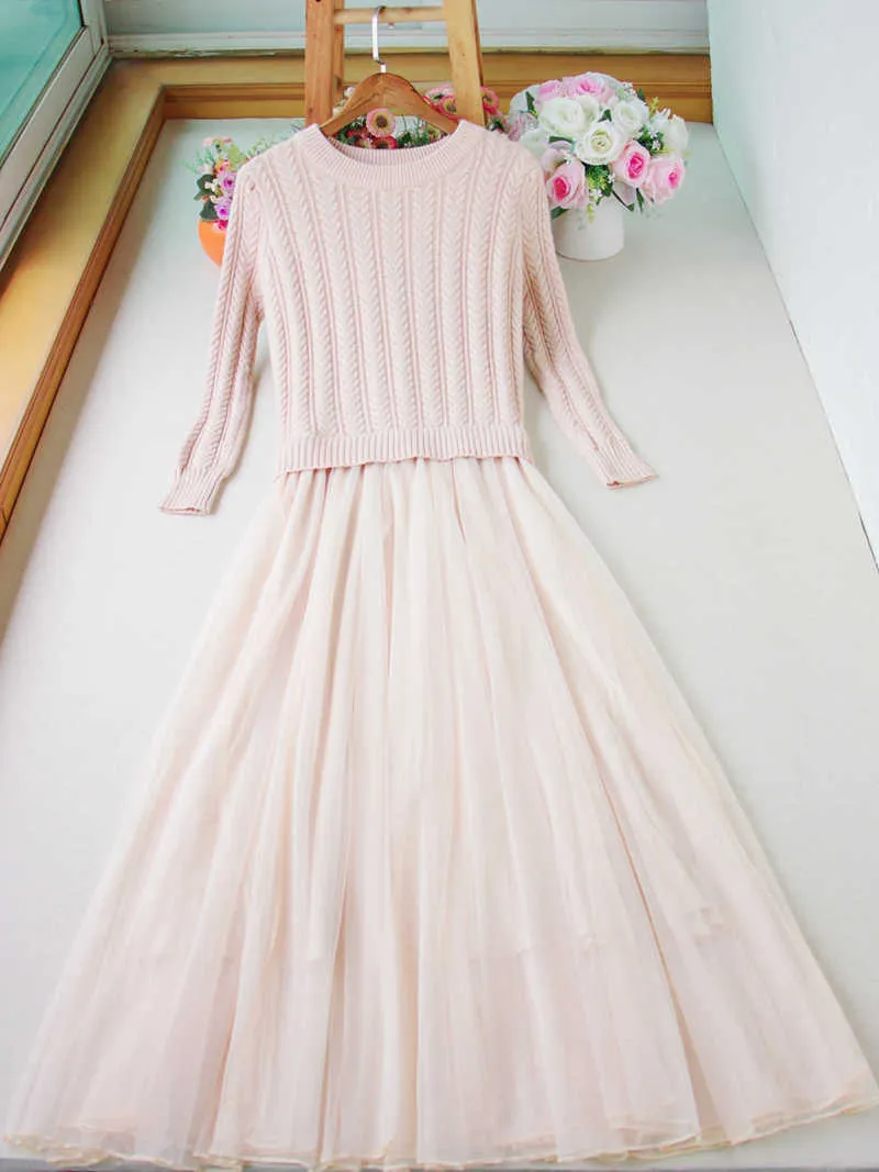 PERHAPS U Pink Blue O Neck Long Sleeve Knitted Maxi Mesh Long Dress Solid Autumn D0693 210529