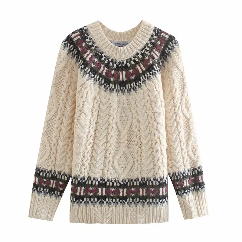 Zima Biały żakardowy sweter z dzianiny Kobiety Kontrast Pullover Oversized Argyle Kobieta Swetry Z Długim Rękawem Jesienne Odzież 210430