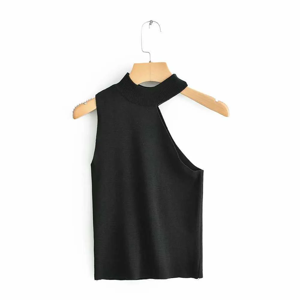 Top en tricot sans manches à l'épaule Spring Summer Black Abricot Knitwear Sexy Girls Slim Jumper Femme 210531