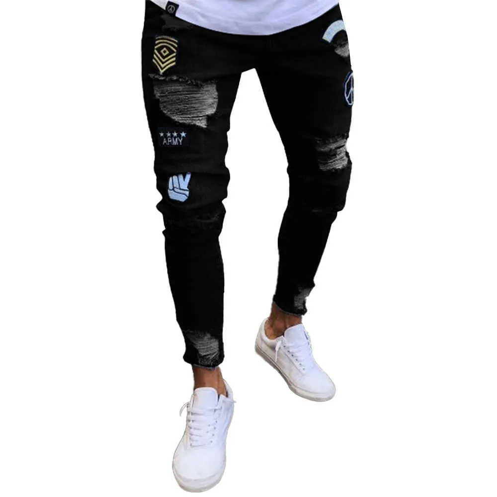 Mode Casual Jeans pour hommes Insignia Hole Denim Pantalon Skinny Slim Plus Taille Ripped Pantalon en détresse X0621