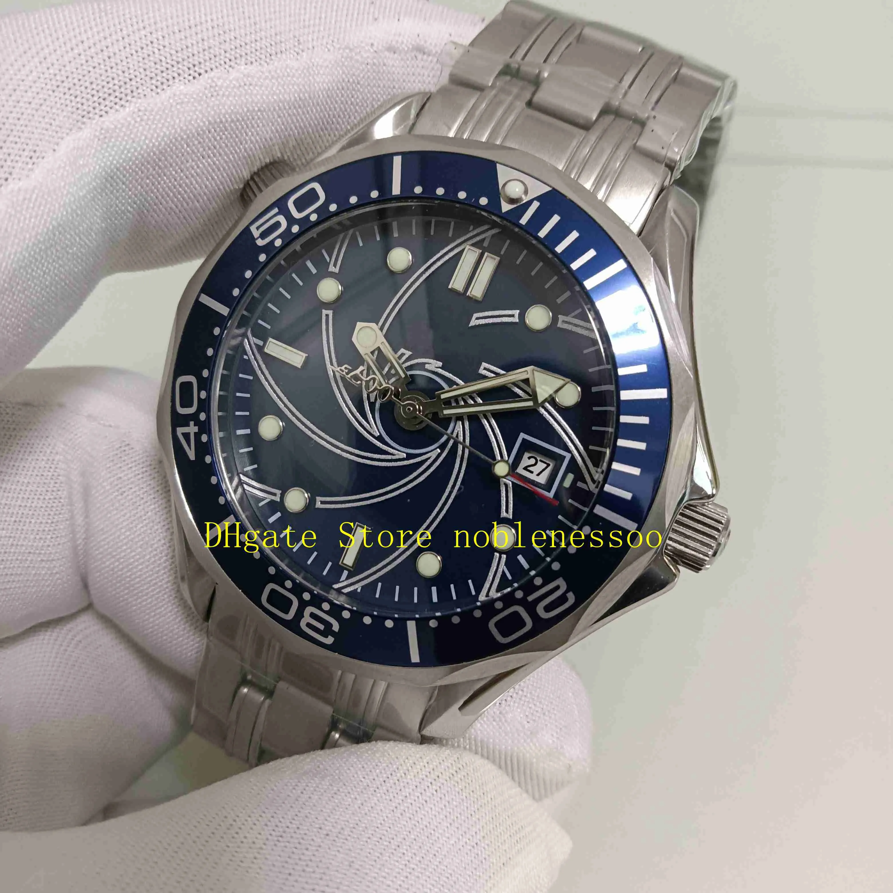 Real Po Men's James Bond 007 Automatisk Watch Men Blue Dial Rostfritt Steel Casino Royale Limited Edition 41mm Armband MEC194P