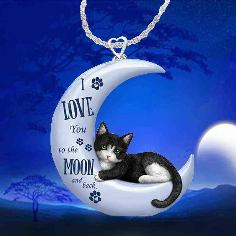 Collier pendentif chat lune bleue exquis pour femmes, pendentif croissant mignon, bijoux de fiançailles de mariage, cadeau pour fille G12295g
