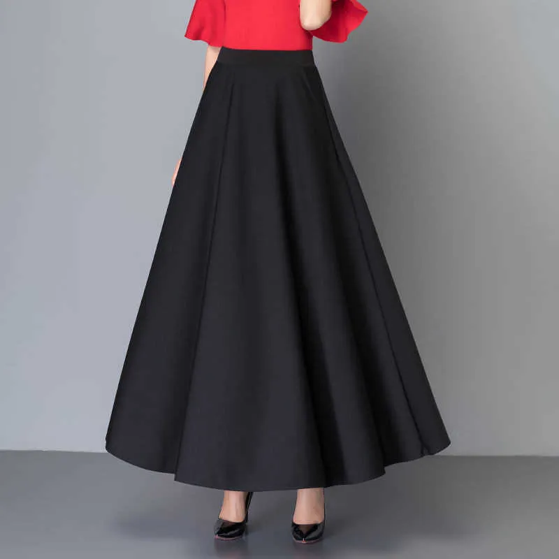 Elegante talla grande 3xl falda plisada coreana rojo negro color sólido faldas largas mujeres cintura alta vintage gran swing oficina maxi saia 210619