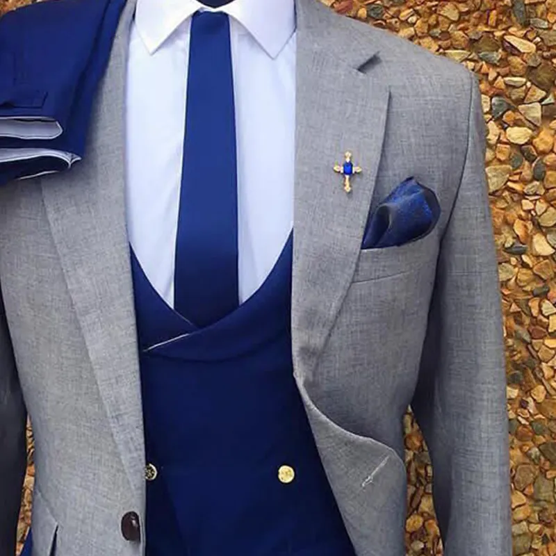 Costumes 3 pièces gris pour hommes, smoking de mariage formel, manteau à Double boutonnage, gilet, pantalon bleu Royal, Costume de mode masculine 278b
