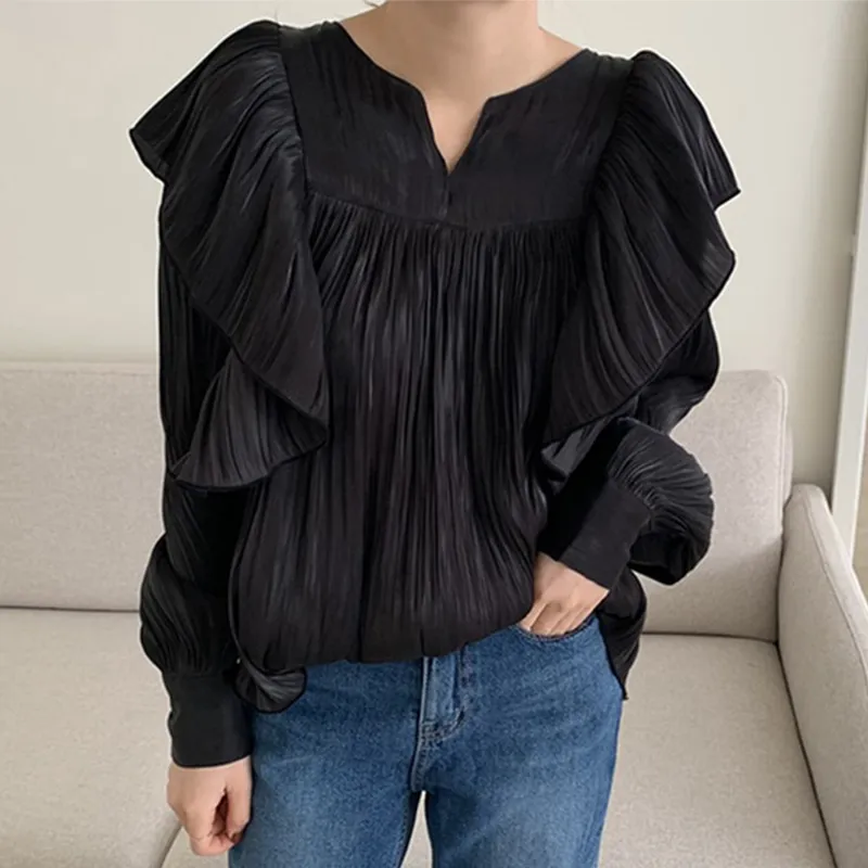 Ezgaga Sweet Women Blouse Koreaans Chic Spring Tender Elegant Ruched Patchwork Losse Solid Puff Sleeve Ladies Shirts Mode 210430