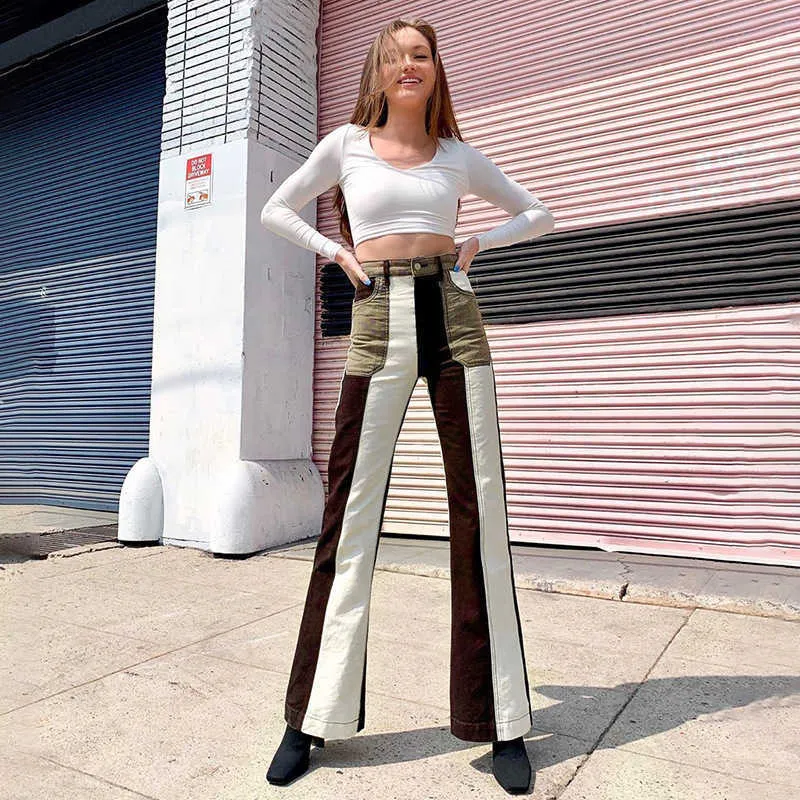 Pantaloni a gamba larga a vita alta donna Elegante vintage Y2k Pantaloni in denim marrone Moda coreana Patchwork tascabile Streetwear 2021 Q0801