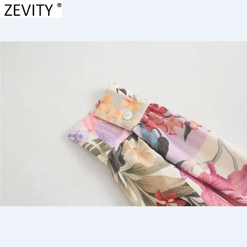 Zevity Women Elegant Pink Flower Print Breasted Shirtdress Female Long Sleeve Bow Sashes Vestido Chic A Line Mini Dresses DS8173 210320