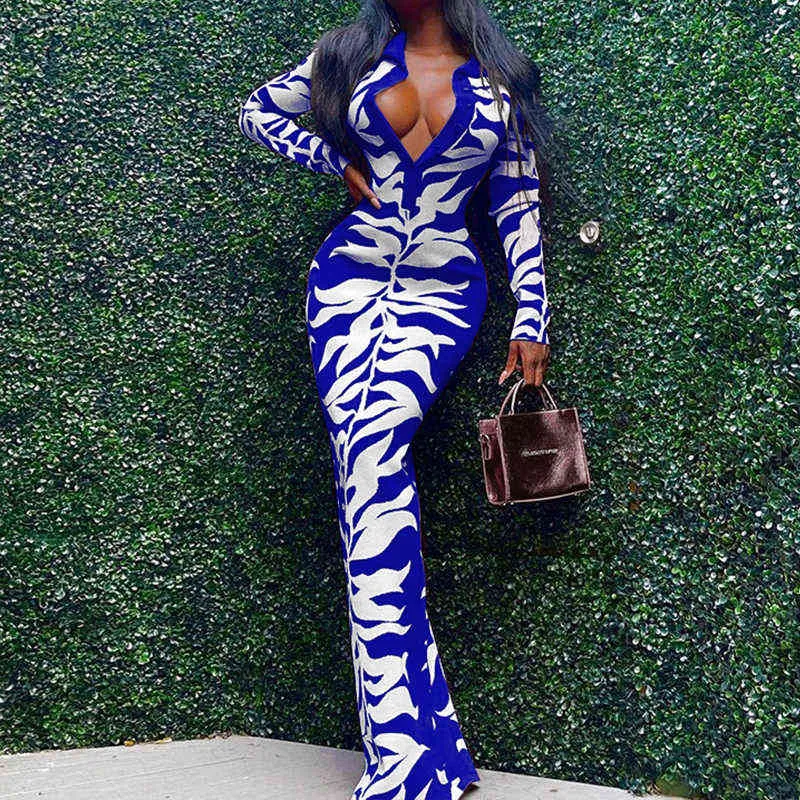 Элегантные ретро шаблон кнопки партии клуб платье сексуальный отворот печати трикотажные Bodycon Maxi платье женщины мода глубокий V с длинным рукавом платье Y1204