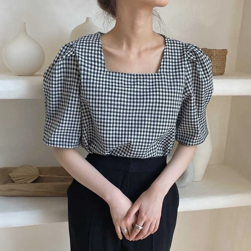Korejpaa Women Blouses Korean Chic Summer Gentle Square Collar Plaid Fashion Loose-fitting Bubble-sleeved Female Shirt Top 210526