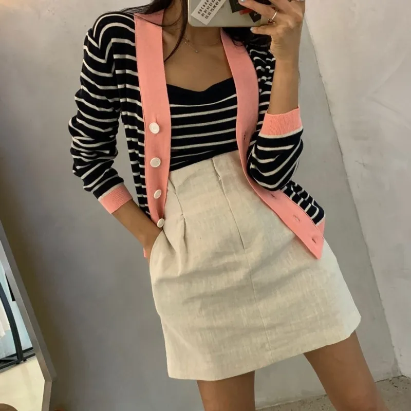 Summer Striped Knitted Cardigan With Vest Women Full Sleeve V-neck Single Breasted Sweater Korean Elegant Ladies Jumpers 210513