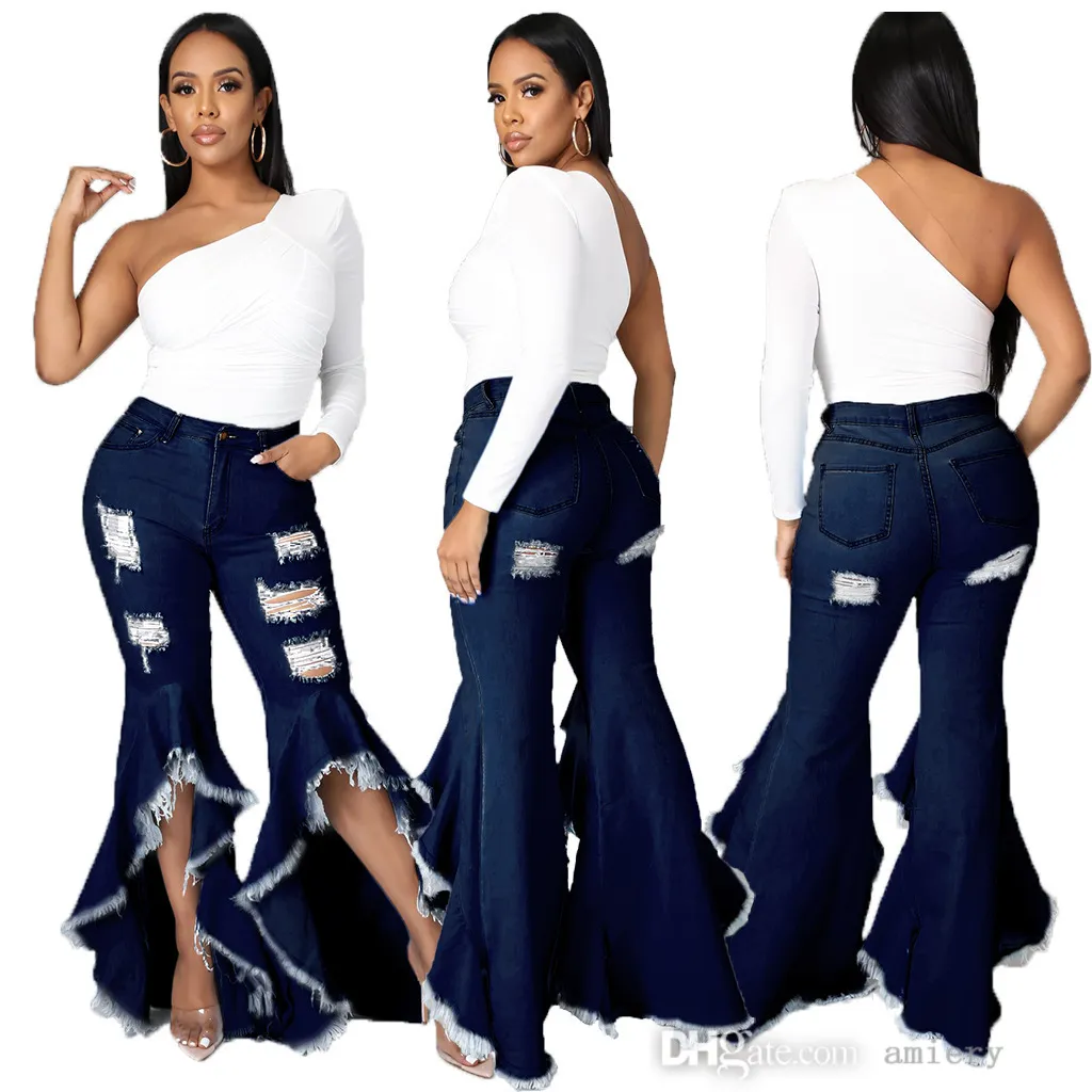 Frauen Denim Flared Lange Hosen Bell-Bottom Jeans Hosen Sexy Loch Zerrissene Ganzkörper-Leggings Bodycon Streetwear Stilvolle Kleidung Plus Größe S-XXXL