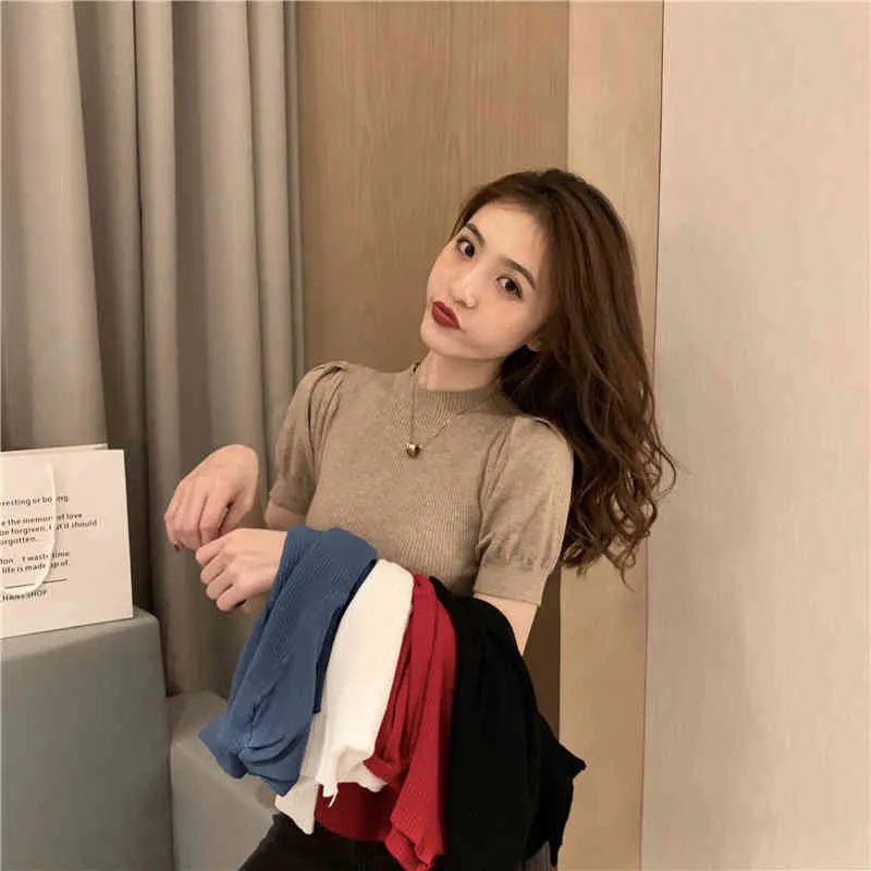 Summer Knitted Shirts Women Solid Half Turtleneck O Neck Short Puff Sleeve Female Loose Casual Cotton Ladies Top 10375 210508