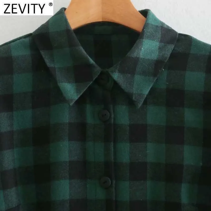 Zeefity Dames Vintage Turn Down Collar Plaid Print Casual Slim Green Mini Dress Office Dames Vestido Shirt Jurken DS4849 210603