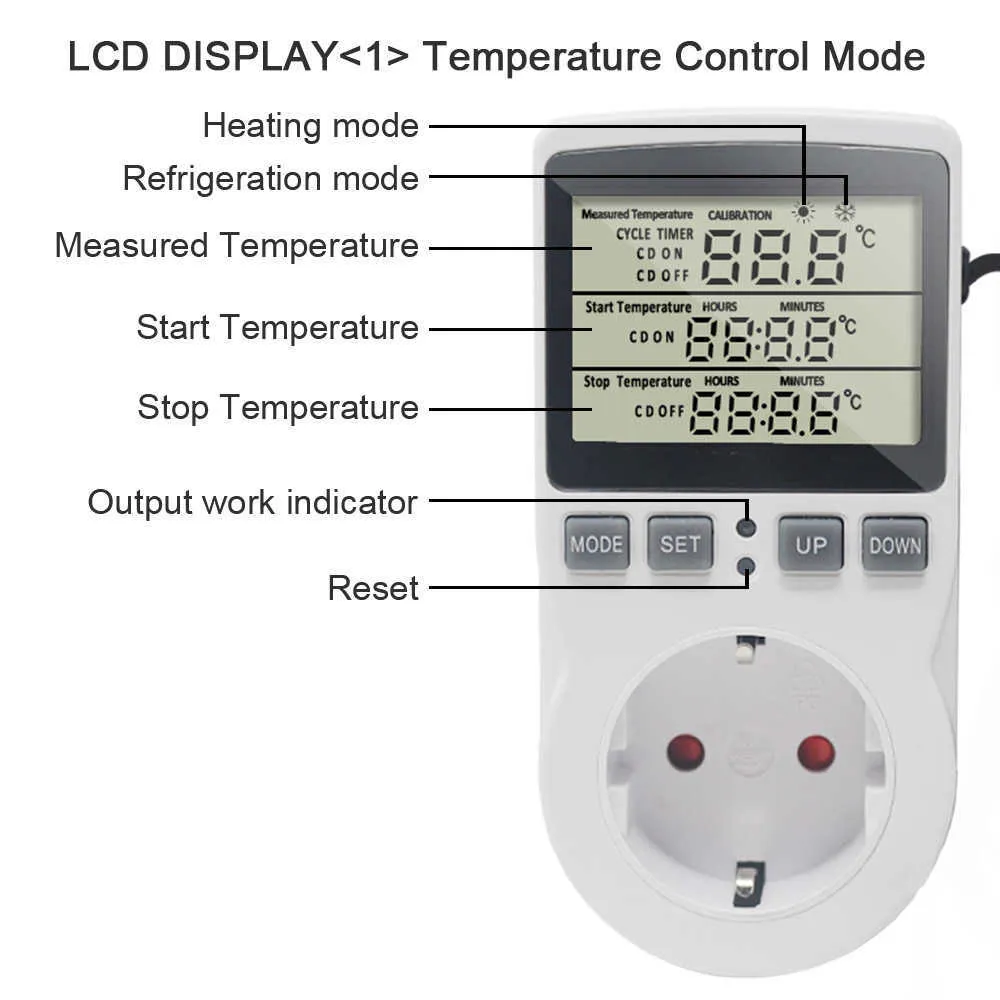 KT3100 Thermostat Contrôleur de température numérique Prise de sortie Minuterie Capteur Chauffage Refroidissement 16A 220V pour tapis chauffant 210719