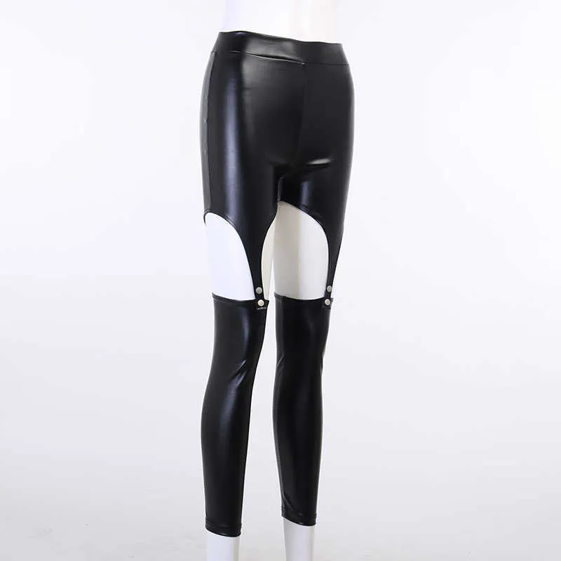 2021 Lato Czarny PU Skóra Hollow Out Elastyczna Talia Slim Skinny Sexy Streetwear Spodnie Damskie Spodnie Gotyckie Steampunk Ubrania Q0801