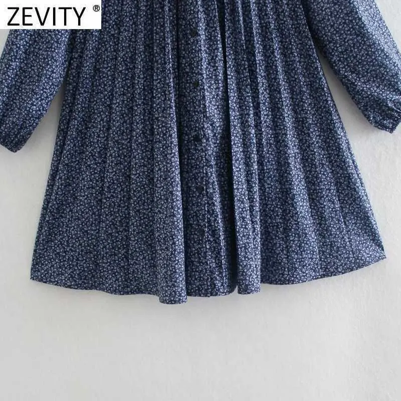 Zevity女性ヴィンテージ花柄プリーツシャツドレスFemme Chic Town CollarカジュアルルースビジネスミニVestido DS5079 210603