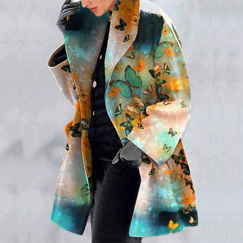 Vintage harajuku mönster printp kvinnor tweed ytterkläder höst vinter elegant lapel löstrock mode långärmad jacka toppar 211110