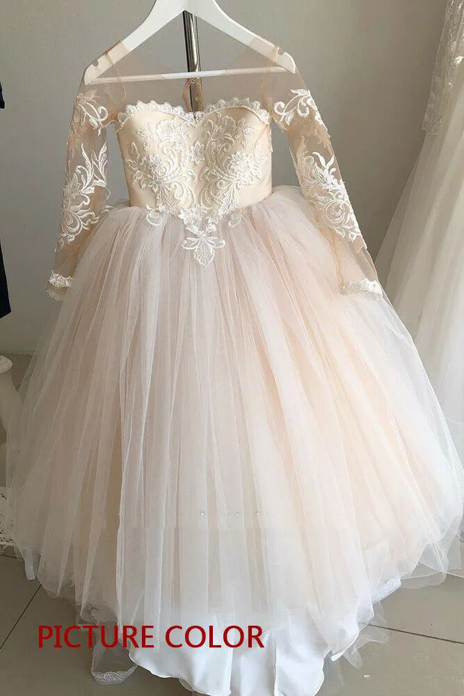 Nieuwe boog kanten ball jurk bloemenmeisjes jurken voor bruiloft zoete lange mouw zachte tule meisjes prinses communie jurken fs9780