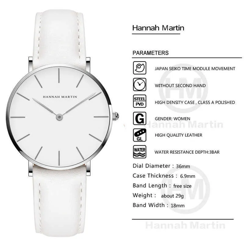 Hannah Martin Casual Ladies Watch avec bracelet en cuir étanche femmes montres argent Quartz montre-bracelet blanc Relogio Feminino 210267v