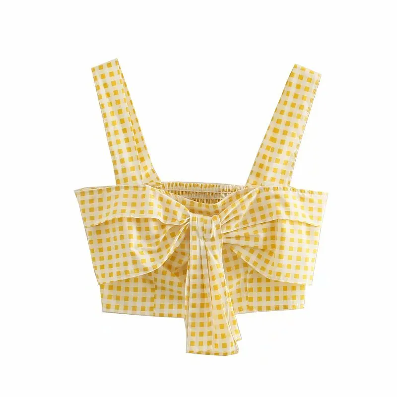 Mode gele plaidoogst top vrouwen zomer front stropdas wijd bandjes vrouw blouses chique streetwear rug elastische tuniek tops 210430