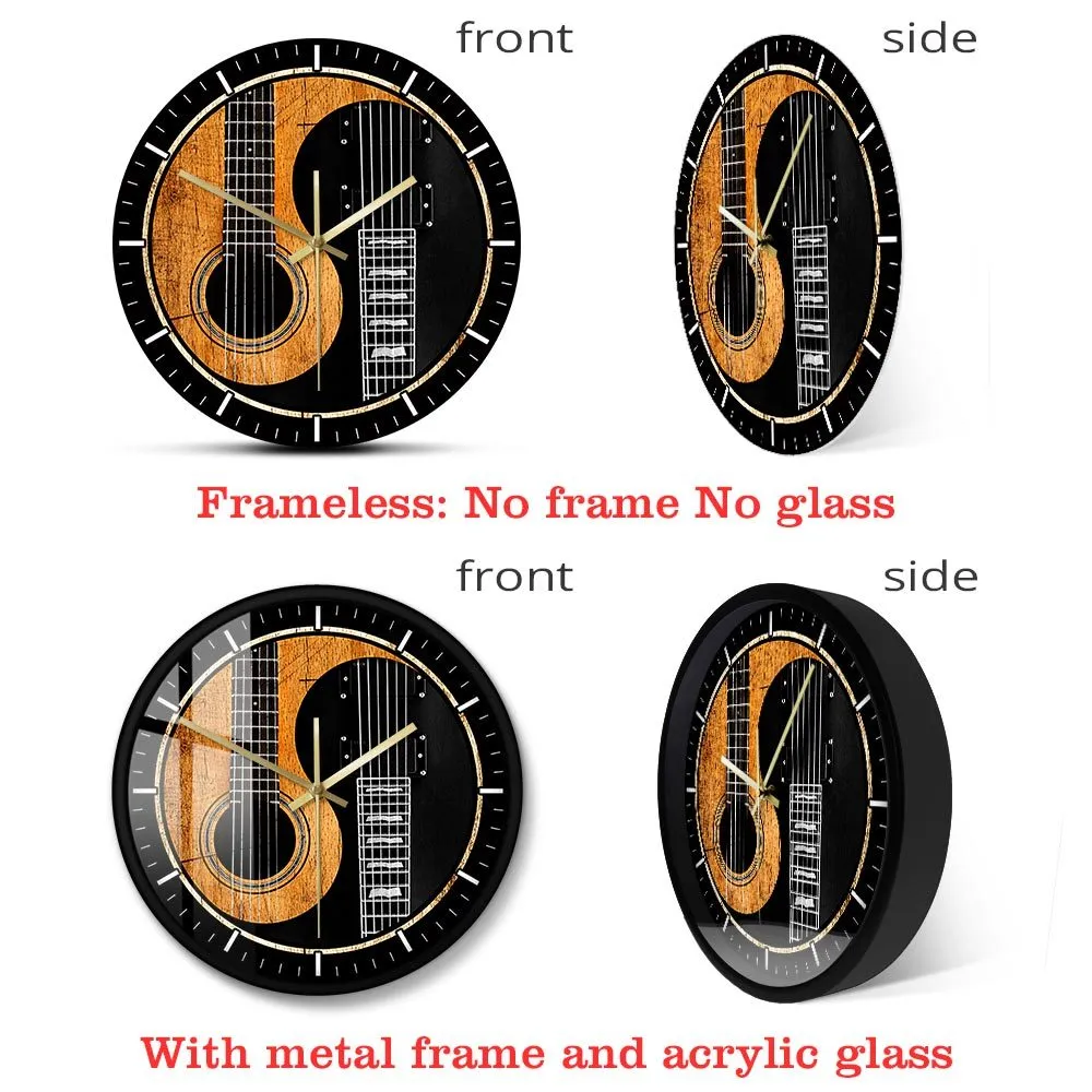 Yin Yang Gitarre Bass Bedruckte Wanduhr Akustikgitarre Stille, nicht tickende Wanduhr Musik Studio Dekor Musiker Gitarrist Geschenk 210325