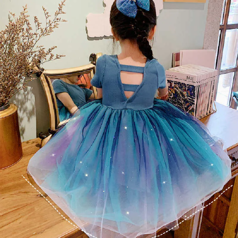 Flickor Dress Dream Gradient Princess Party Short Sleeve Sommar Mode Baby Barn Barnkläder för 210625