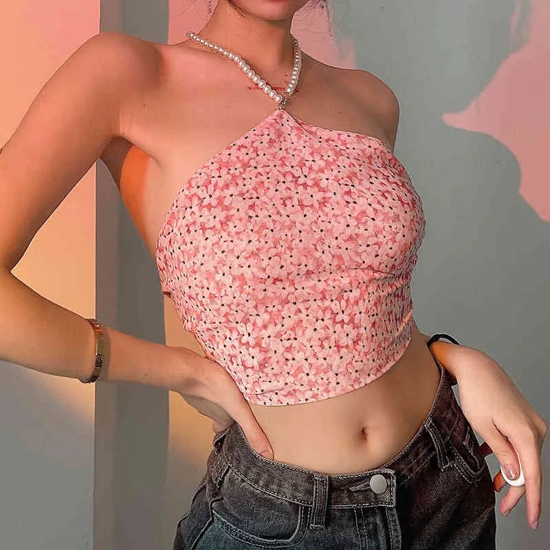 Daisy Baskılı Y2K Kırpma Halter Tank Top Kızlar için Yaz Seksi Backless Kravat Up Kadın Kolsuz Pembe Çiçek Gömlek Tee Kadın 210510