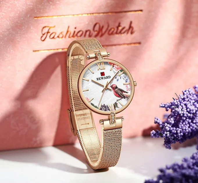 Relógio feminino de quartzo com estampa exclusiva, relógios brilhantes, flores e pássaros, mostrador feminino, estilo ins, vidro mineral brilhante m278b