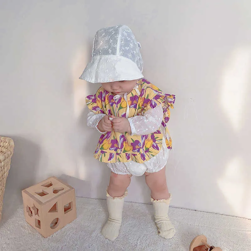 2 pièces automne bébé filles à manches longues blanc coton barboteuse avec gilet floral infantile corée combinaison enfants coréen barboteuses 210615