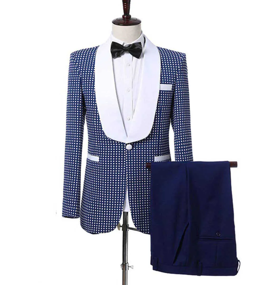 Две части Royal Blue Men's Poleka Dotka Groomsmen Shawal Mens Mens костюм для свадебного жениха смокинг выпускного вечера Blazer + брюки x0909