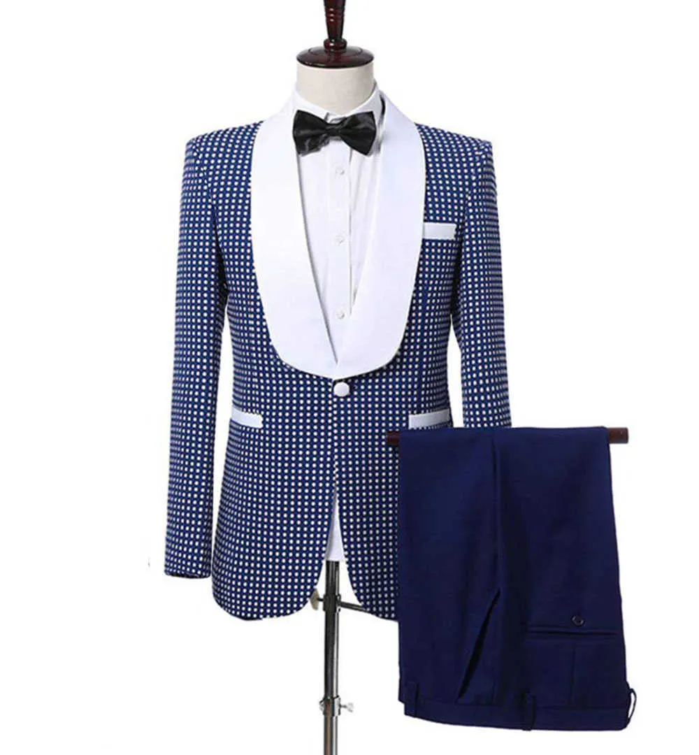 Två stycken Kungliga Blå Mäns Polka Dots Groomsmen Sjal Lapel Mens Suit För Bröllop Brudgum Tuxedo Prom Blazer + Pants x0909