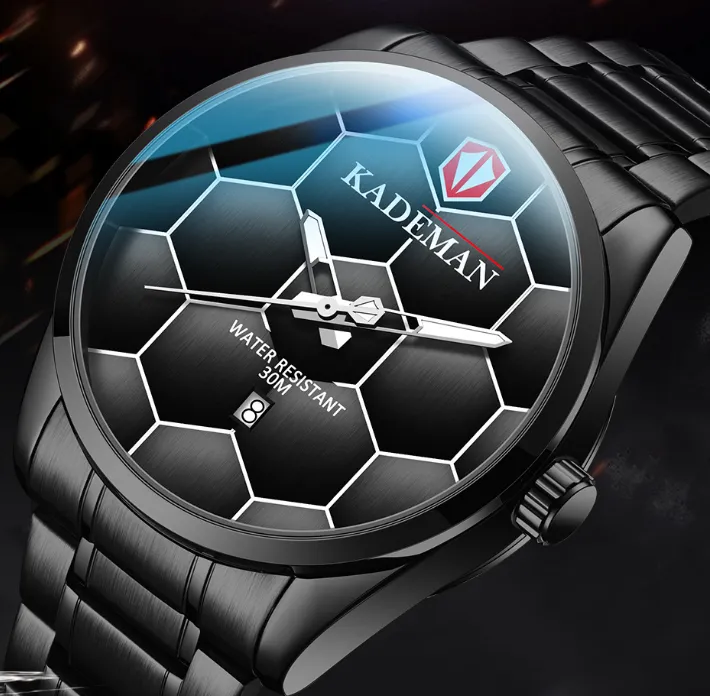 KADEMAN Брендовые светящиеся мужские часы высокой четкости с футбольной текстурой, кварцевые часы с календарем, простые часы из нержавеющей стали Masculin304L