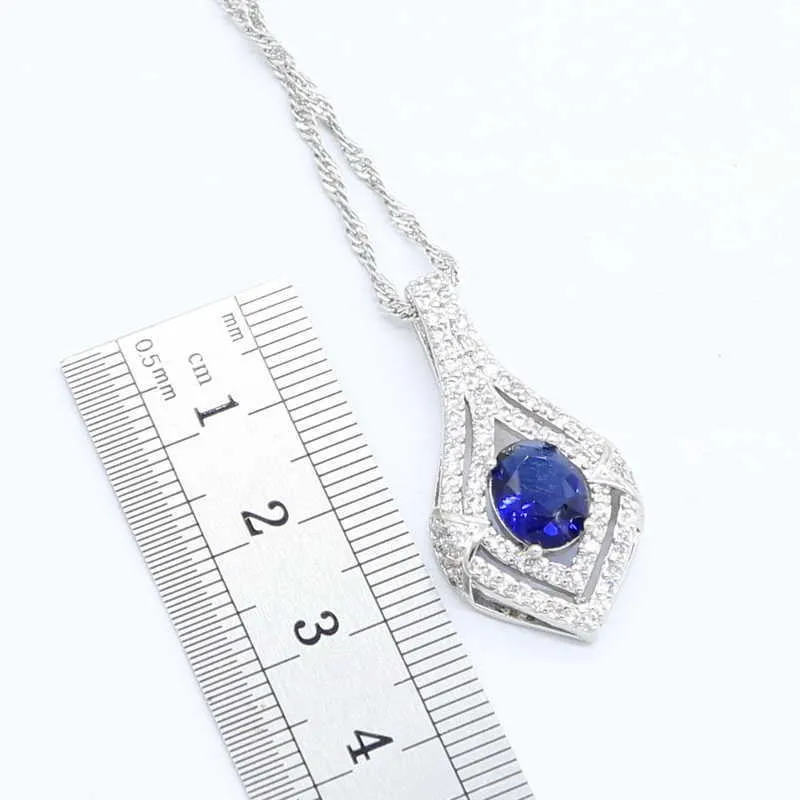 Klassieke blauwe stenen sieraden sets zilveren kleur bruids oorbellen voor vrouwen armband ketting ringen set geschenken doos H1022