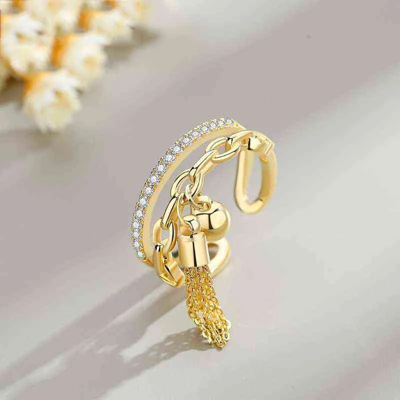 Link Chain Tassel Ring Zirconia met Spike Hanger Charme Finger Ring voor Dames Openingbare Ring Sieraden G1125