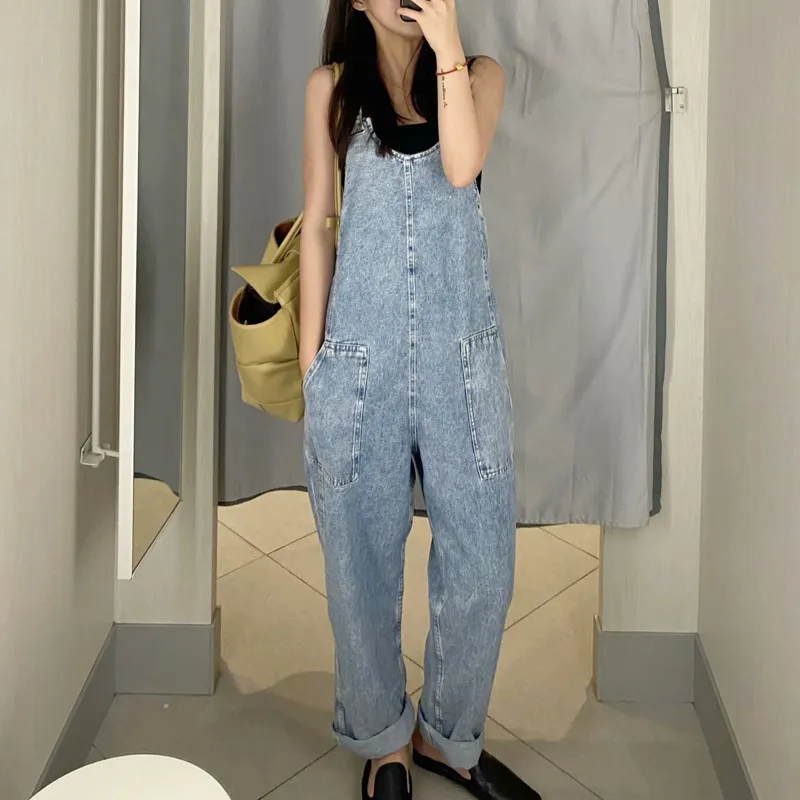 Summer Women Denim Jumpsuits Rompers Sleeveless Loose bodysuit playsuit Pockets Female Street jumpsuit Overalls Clothing 210513