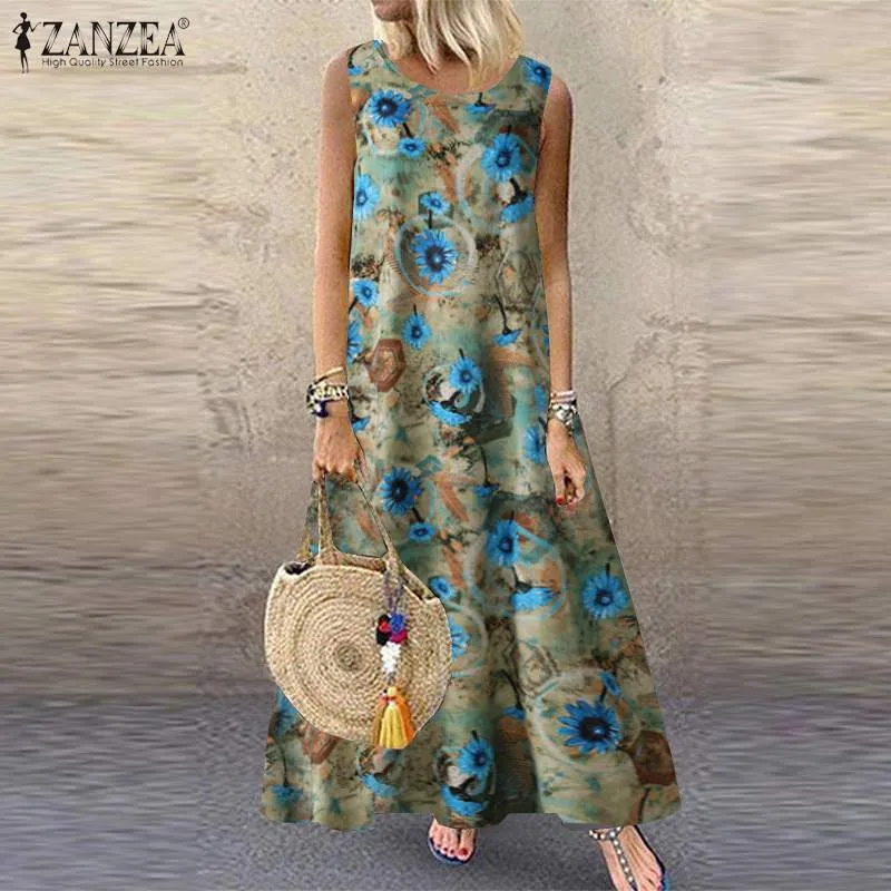 Zanzea Kobiety Czeski Kwiatowy Drukowane Maxi Długa Dress 2021 Lato Vintage Bez Rękawów Vestido Casual Luźne Plus Size Sundress X0521