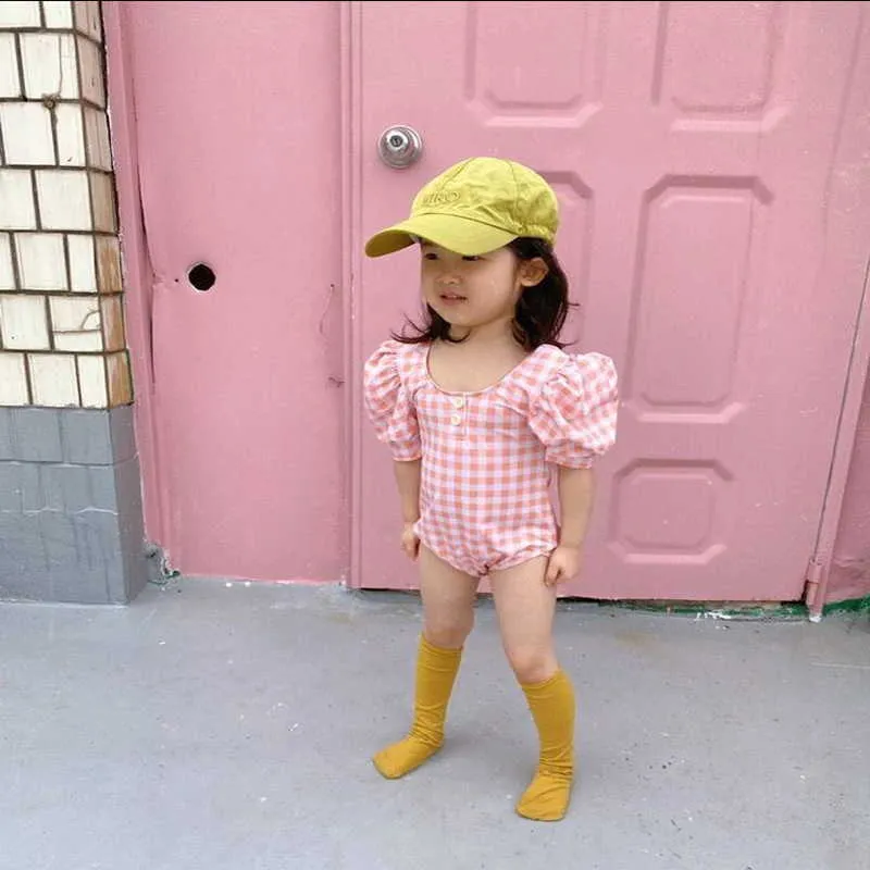 Koreanischer Stil Sommer Teenager Mädchen Bademode 3-teiliges Set Plaid Badeanzug + Korb Kopfbedeckung Kinder Kleidung E1026 210610
