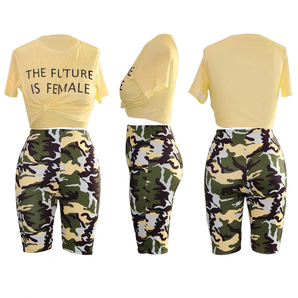 Costume d'été pour femmes, modèle de Style chaud européen et américain, décontracté, mode, short imprimé Camouflage, ensemble deux pièces, 2020, X0428